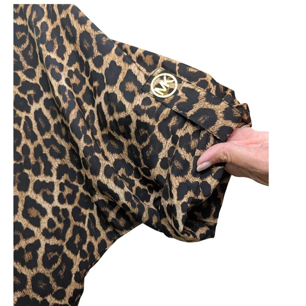 Michael Kors Blouse Leopard Animal Print Smocked Waist Puff Sleeve - Medium